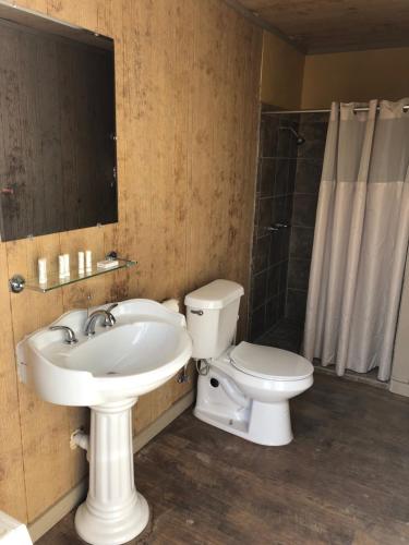 a bathroom with a sink and a toilet and a shower at Orr Family Farm & RR, LLC in Oklahoma City