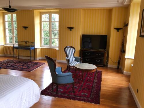 a bedroom with a bed and a tv and a table and chairs at Château de Lannouan in Landévant