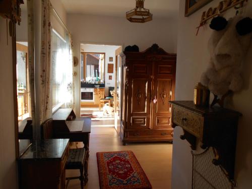 a living room with a kitchen with a wooden cabinet at Ferienhaus Tillian in Hermagor