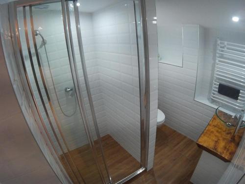 a glass shower in a bathroom with a toilet at Beskidzka Guest House in Szczyrk