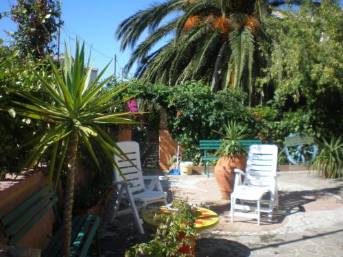 a patio with white chairs and a palm tree at Iocchedda in Porto Ottiolu