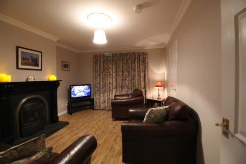 a living room with leather furniture and a fireplace at Wayside in Tandragee