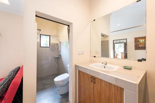 La salle de bains est pourvue d'un lavabo, de toilettes et d'un miroir. dans l'établissement Liam Private Villa, à Ubud