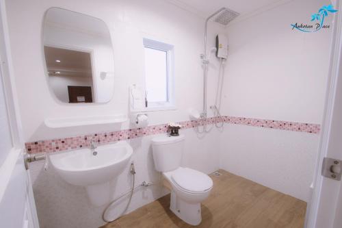 a bathroom with a toilet and a sink and a mirror at Aukotan Place in Ko Tao