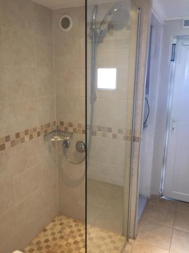 a shower with a glass door in a bathroom at Clinton's Green B&B in Bracknell