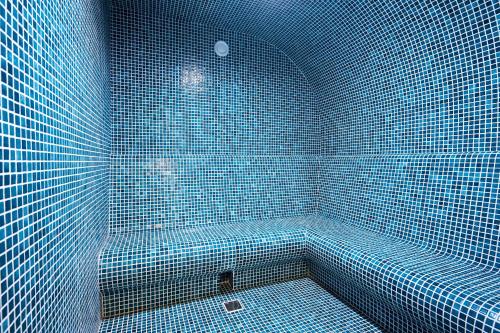 uma casa de banho com azulejos azuis e um chuveiro com azulejos azuis em Cruise Hotel em Tbilisi
