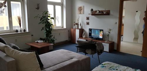 a living room with a couch and a tv at FeWo im Herzen Reichenbachs in Reichenbach im Vogtland