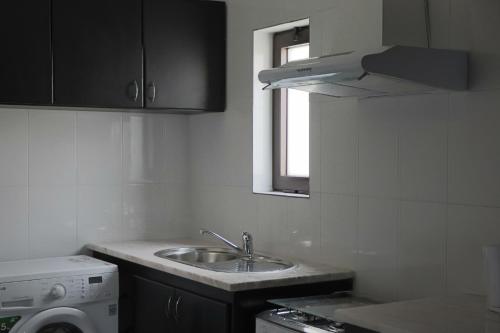 a kitchen with a sink and a washing machine at Apartamento Preguiça in Espargos