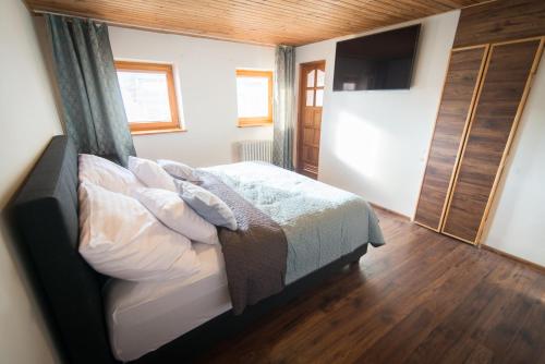 a bedroom with a bed with a television in it at Villa Ďumbierka - B&B, wellness, brewery, ebikes in Mýto pod Ďumbierom