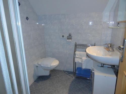 a white bathroom with a sink and a toilet at Farm Stay Dolinar Krainer in Bohinjska Bela