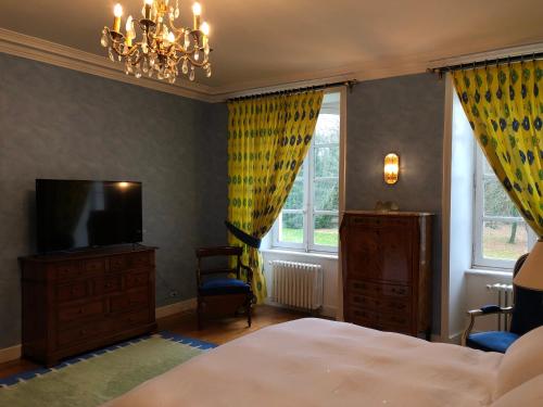 a bedroom with a bed and a tv and windows at Château de Lannouan in Landévant
