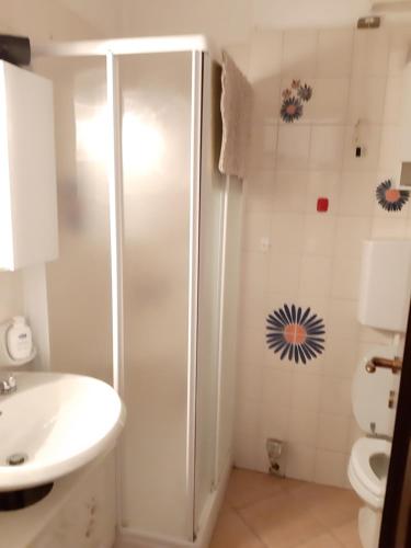 La salle de bains est pourvue d'une douche, d'un lavabo et de toilettes. dans l'établissement Monolocale a Passo Tonale, à Passo del Tonale