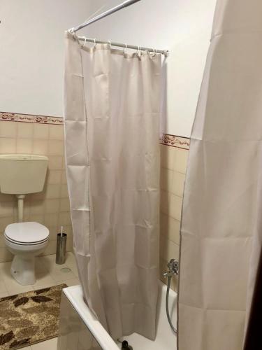 a bathroom with a toilet and a shower curtain at Lines of Wellignton in Torres Vedras