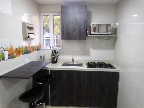 eine kleine Küche mit einer Spüle und einer Mikrowelle in der Unterkunft San San Andrés Little House 3 by BBBSAI in San Andrés