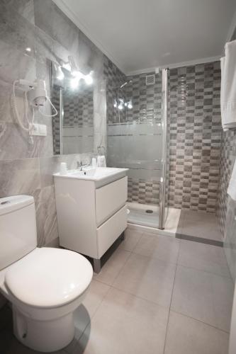 a bathroom with a toilet and a sink and a shower at Hotel San Blas in Abadiano Celayeta