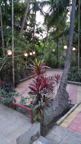 a bench in a garden with palm trees and a sidewalk at Nivaant @ Vicharays in Alibaug