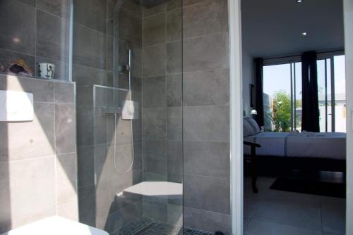 un bagno con doccia e servizi igienici e una camera da letto di Maison TONGA piscine jaccuzi a Saint-Pierre