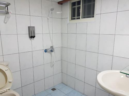 a bathroom with a shower and a toilet and a sink at Fire B&B in Chishang