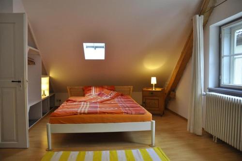 ein Schlafzimmer mit einem Bett mit einer roten Bettdecke und einem Fenster in der Unterkunft zum Fischerhaus in Konstanz