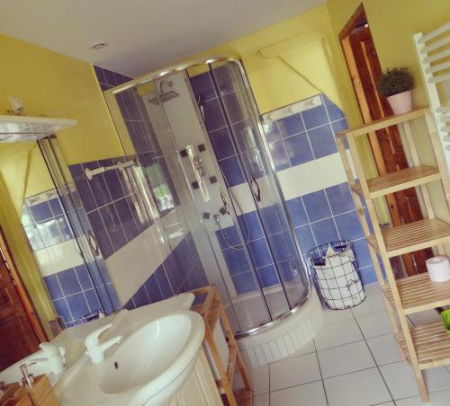een badkamer met een douche, een toilet en een wastafel bij Gîte L'étable in Dole