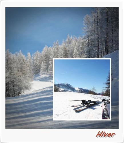 a collage of two pictures of skis in the snow at Le Serre in Abriès