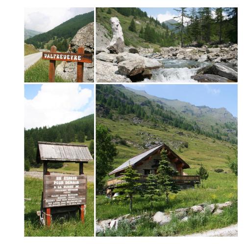 a collage of four pictures with a sign and a mountain at Le Serre in Abriès