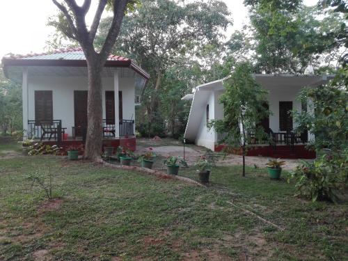 a small white house with a tree in the yard at Calm Garden Cabanas in Tangalle