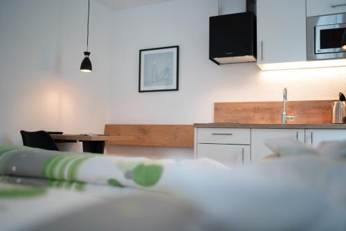 a room with a kitchen and a counter with a sink at Stadlchalet in Ried im Oberinntal