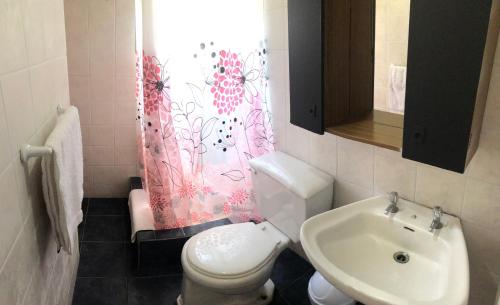 y baño con aseo blanco y lavamanos. en Delfín Apart, en Pichilemu