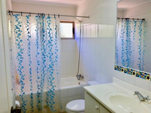 a bathroom with a toilet and a shower curtain at Casa confortable, campo y playa in Buchupureo