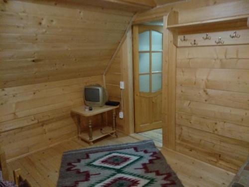 Habitación con TV pequeña en una mesa con alfombra en Sadiba Pid Skeleyu, en Putyla