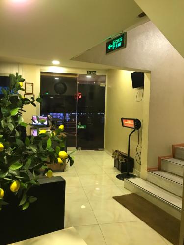 ブルサにあるSaray OTEL PANSİYONの出口看板と植物のあるロビー