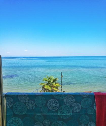 a view of a beach with a palm tree and the ocean at Hotel Achillion in Makrýgialos
