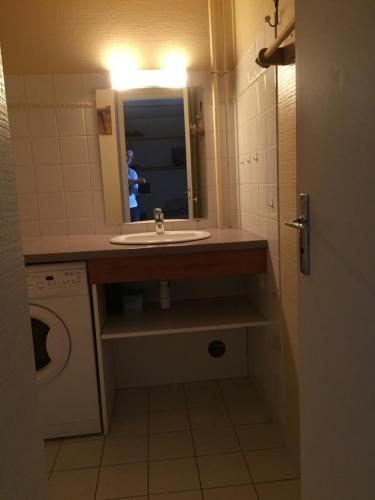 ein Badezimmer mit Waschbecken und Waschmaschine in der Unterkunft Appartement Pied de pistes et Coeur de station in La Salle Les Alpes