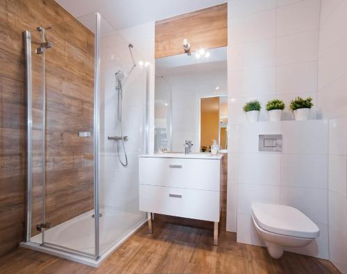 a bathroom with a shower and a toilet and a sink at Apartament Muszelka in Kołobrzeg