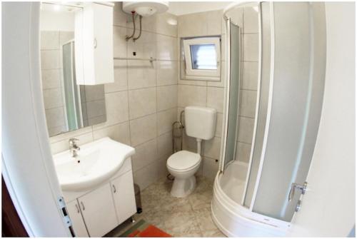 La salle de bains est pourvue de toilettes, d'un lavabo et d'une douche. dans l'établissement Ferienwohnung Neele - Wohnung 1, à Krnica