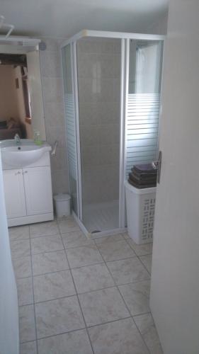 bagno con doccia e lavandino di Location Insolite Dans Un Four A Pain a Saint-Étienne-de-Carlat