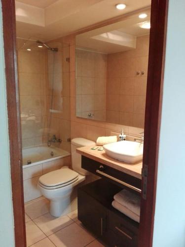 サンティアゴにあるAustral Rentahome Barros Borgoñoのバスルーム(洗面台、トイレ、鏡付)