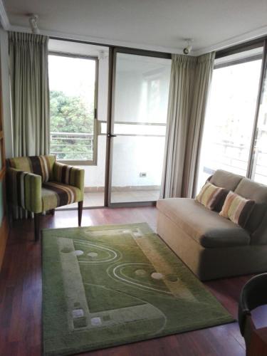 sala de estar con sofá y alfombra en Austral Rentahome Barros Borgoño, en Santiago