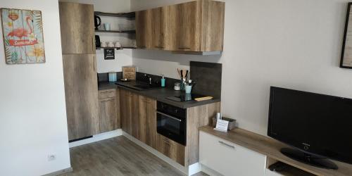 Il comprend une cuisine avec des placards en bois et une télévision à écran plat. dans l'établissement Au cœur de Port Fréjus - T2 30 m² - Tout à pied, à Fréjus