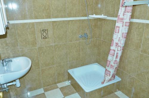 a bathroom with a shower and a sink at Homokháti Apartman in Mórahalom