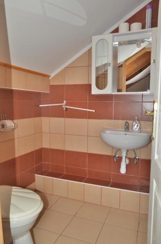 uma casa de banho com um lavatório e um WC em Homokháti Apartman em Mórahalom