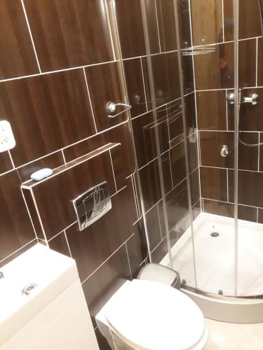 łazienka z toaletą i prysznicem w obiekcie Domek Pod Akacjami w mieście Szypliszki