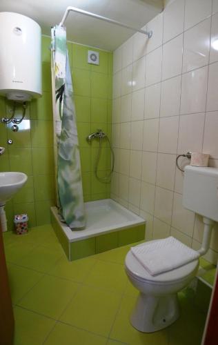 a bathroom with a toilet and a shower and a sink at Kuc kuc apartmani in Karlovac