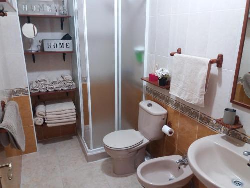 een badkamer met een douche, een toilet en een wastafel bij TENERIFE HOLIDAY HOME in Candelaria