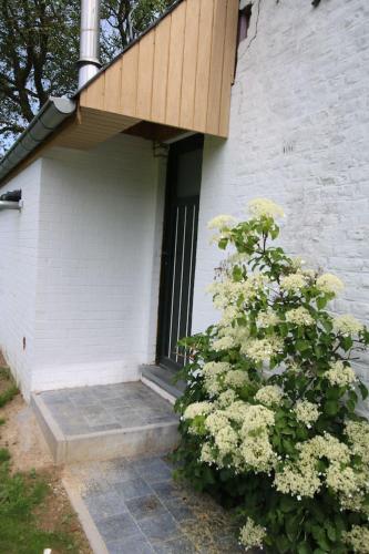 a house with a porch with a door and a bush at Studio confortable à la campagne et proche de la ville in Walhain-Saint-Paul