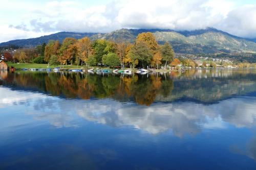 a large body of water with trees and boats at Smileys Seehäuschen in Seeboden