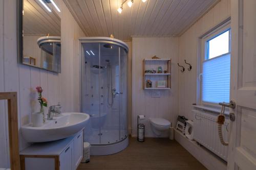 a bathroom with a shower and a sink at Haus Michel in Wandlitz