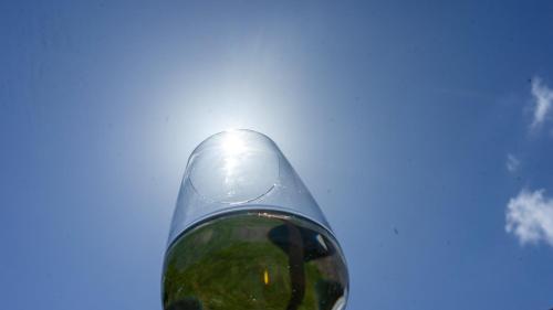 a glass of wine with the sky in the background at WURZENBERG Hotel Lodges Südsteiermark in Gamlitz