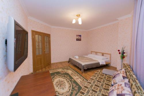 ein Schlafzimmer mit einem Bett und einem TV an der Wand in der Unterkunft Apartment on Sarayshyq in Astana